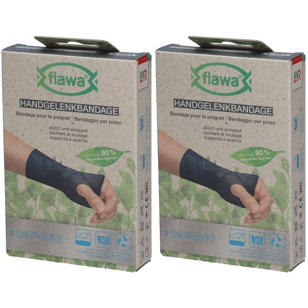 Zwei Kartons mit flawa® Handgelenkbandage. Aufdruck: Handgelenkbandage, 90% natürliche Rohstoffe. Grün-braune Verpackung.