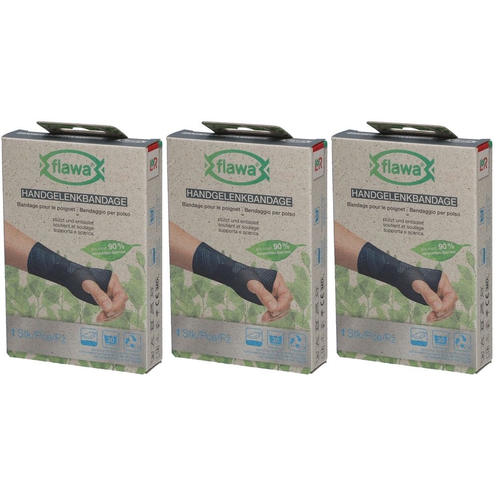 Drei Verpackungen der Handgelenkbandage flawa®. Auf jeder Verpackung ist eine Hand mit Bandage abgebildet. Text: Handgelenkbandage.