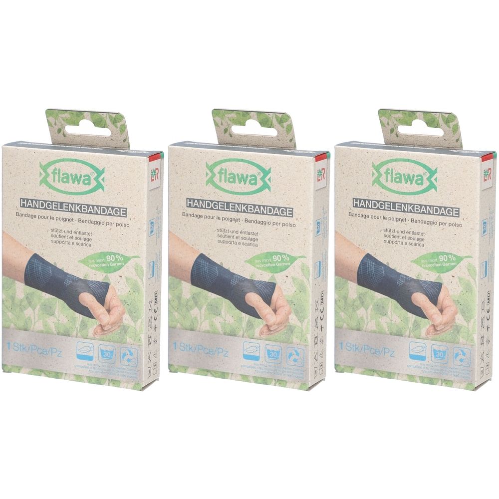 Trois boîtes de bandage pour poignet. Inscription : flawa, bandage pour poignet, illustration main avec bandage, 90% moins de plastique.