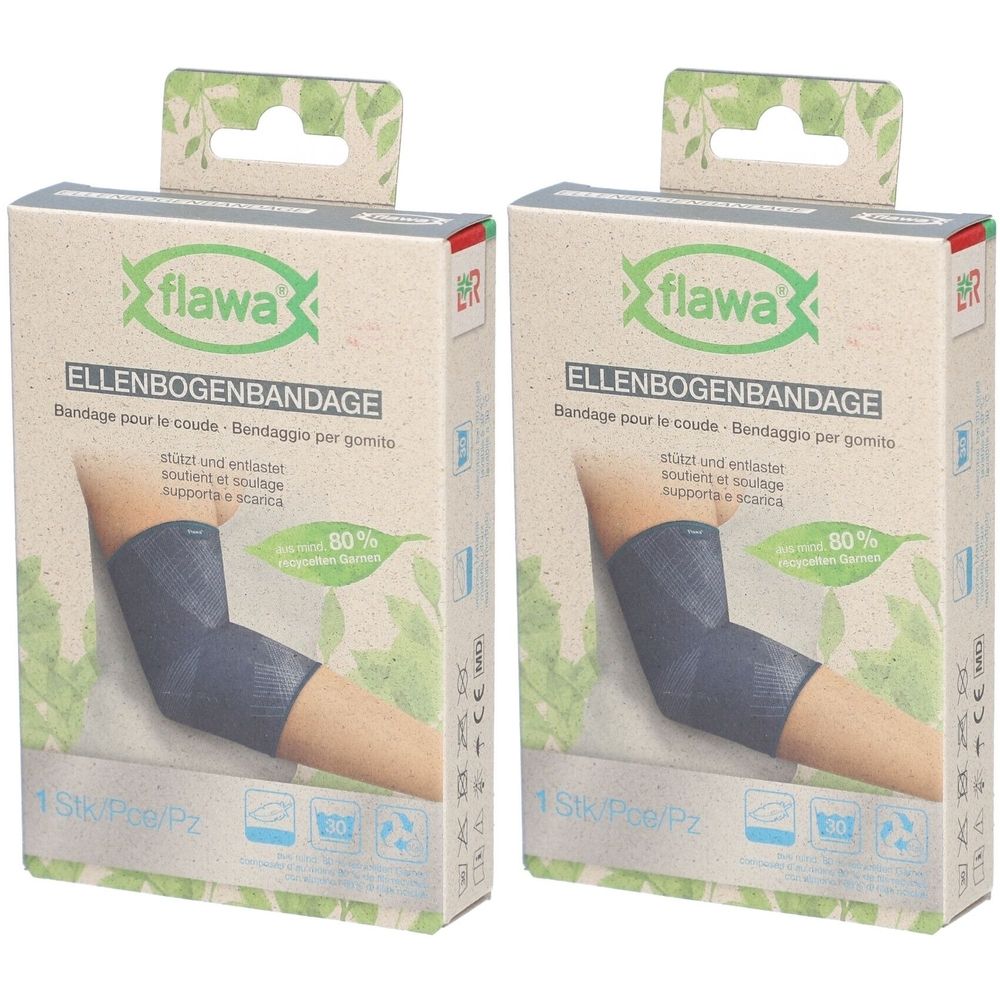 Deux emballages de bandage de coude. Inscription : flawa, bandage de coude, 80% fil recyclé. 1 pièce.