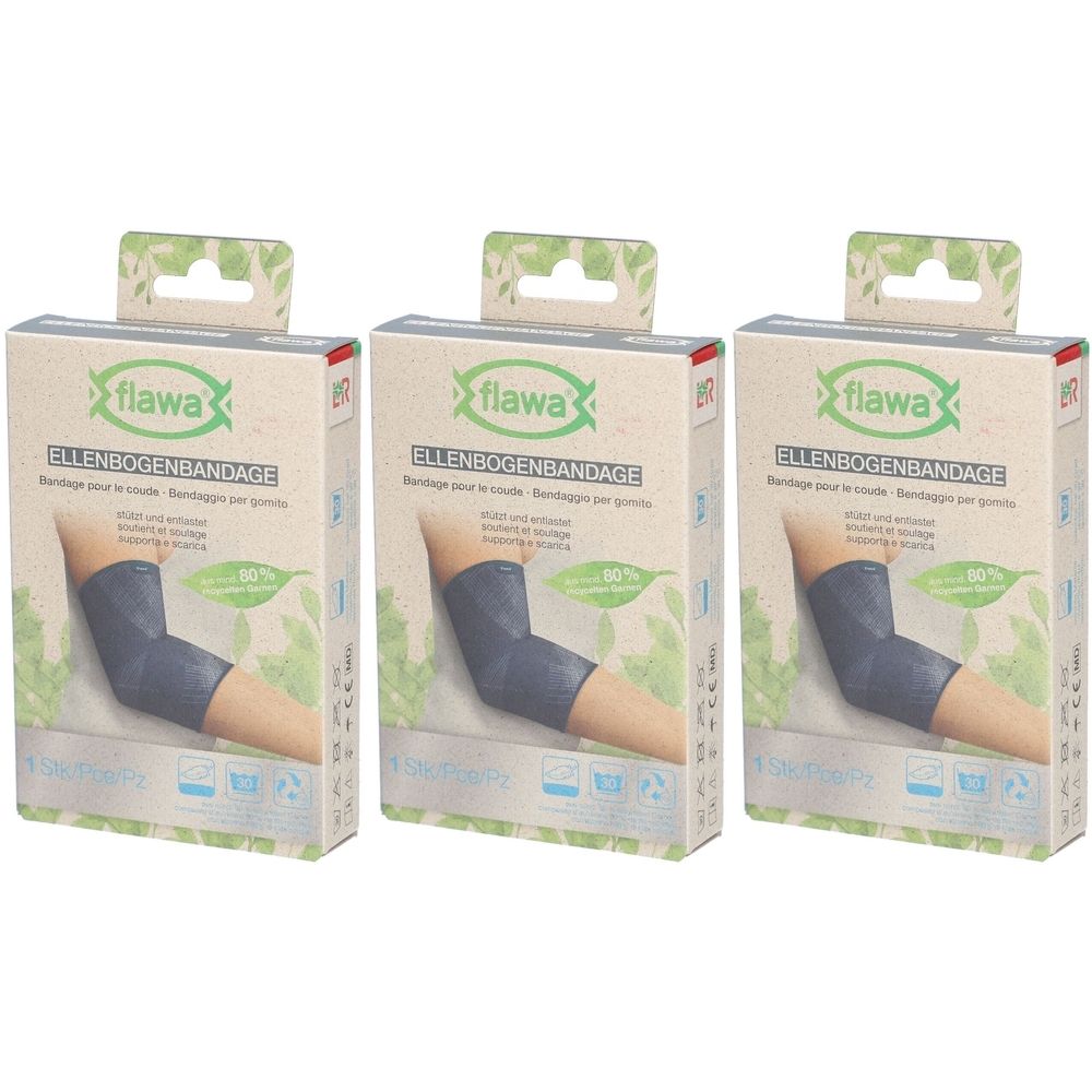 Drei Verpackungen der Ellenbogenbandage. Aufdruck: flawa, Ellenbogenbandage, Bandage pour le coude. Abbildung eines Arms mit Bandage.