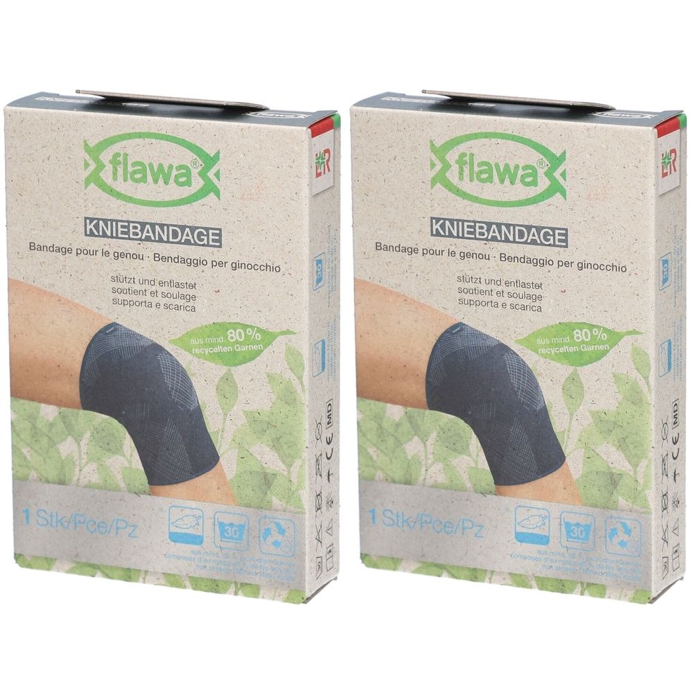 Zwei Kartons mit Kniebandagen. Aufdruck: flawa, Kniebandage, 80% recyceltes Material. Abbildung eines Knies mit Bandage.