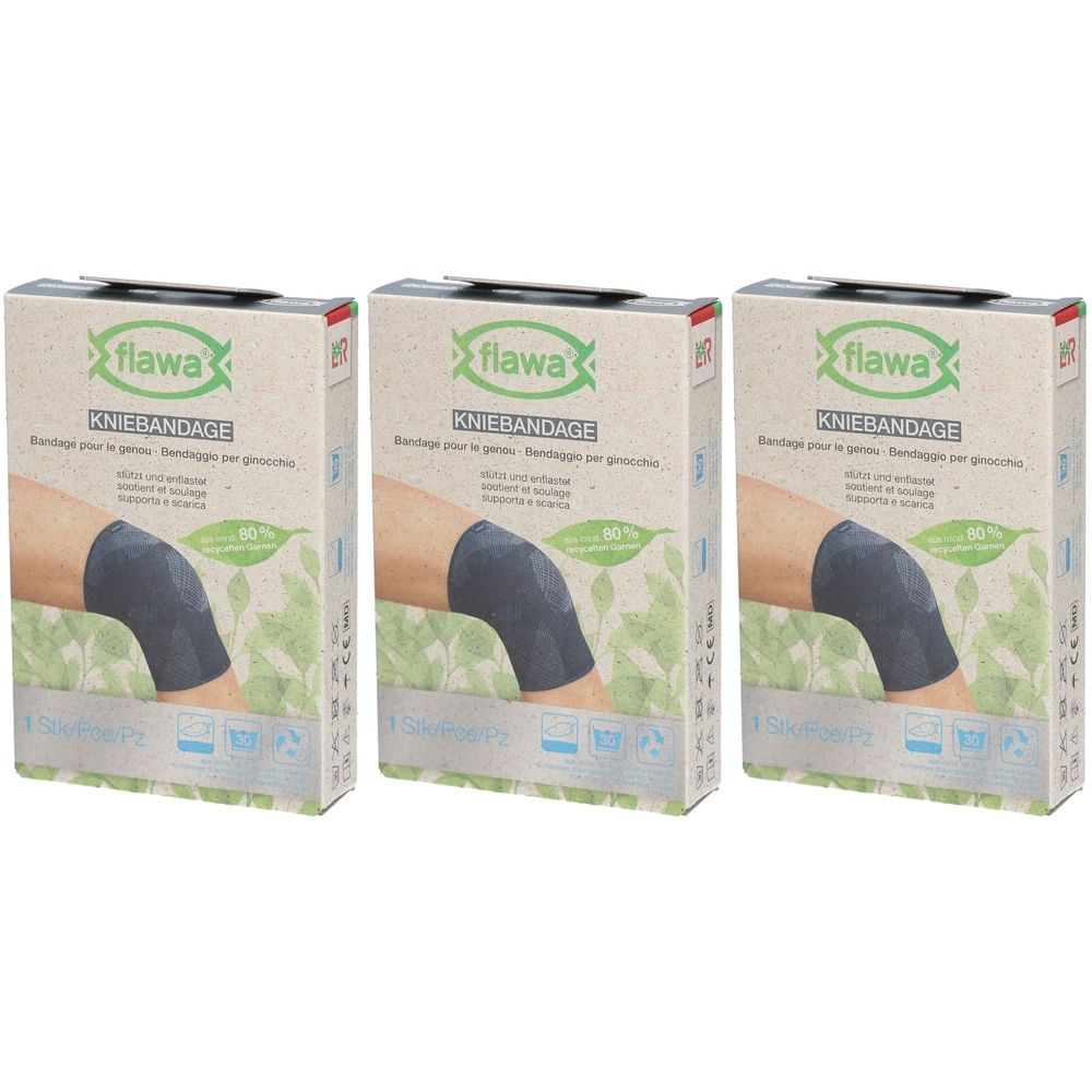 Drei flawa® Kniebandagen in Verpackung. Auf jeder Verpackung ist eine Kniebandage abgebildet. Text: Kniebandage, Bandage pour le genou.