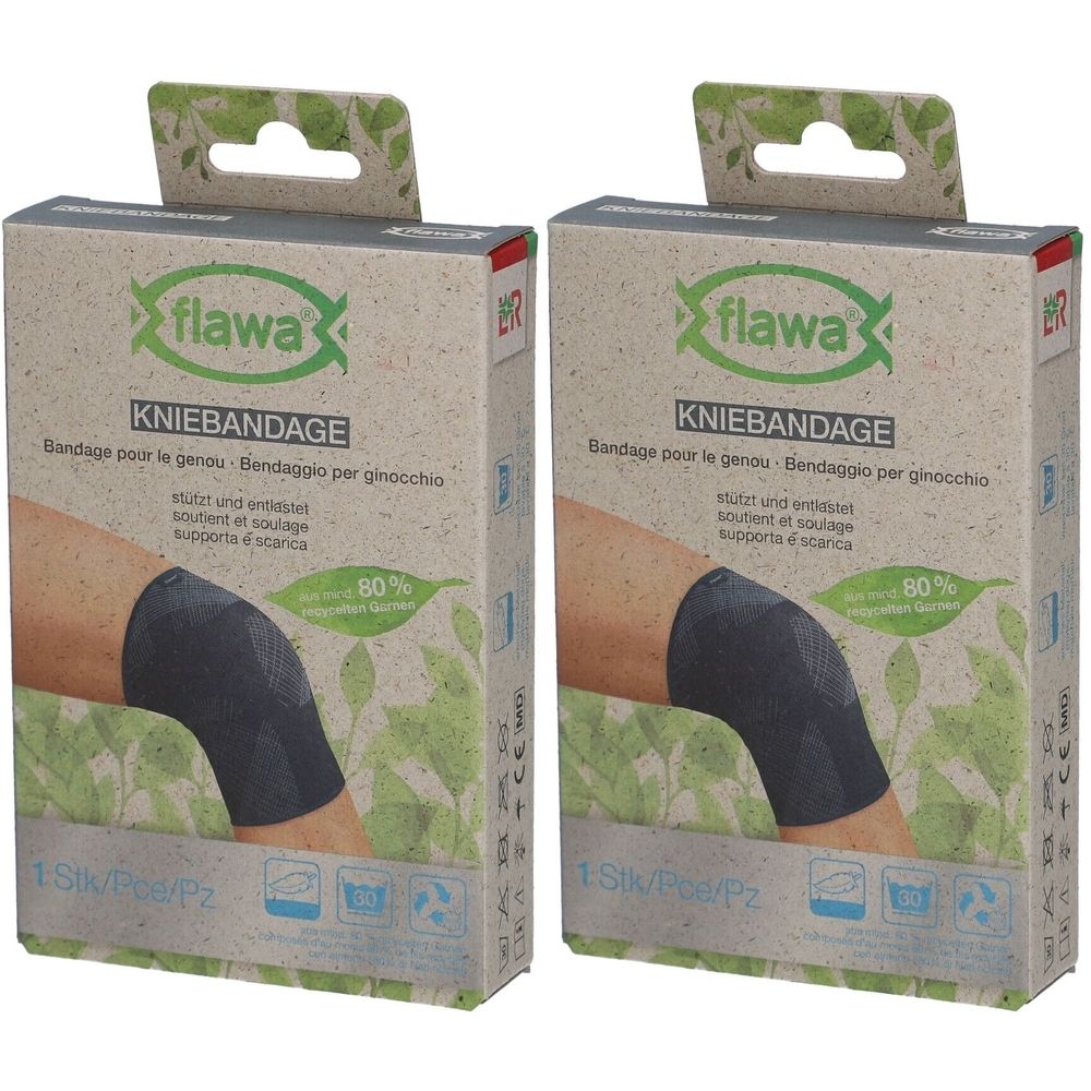 Deux boîtes de bandage du genou flawa®. Inscription : Kniebandage, Bandage pour le genou, Bendaggio per ginocchio. Image : bandage du genou sur une jambe.