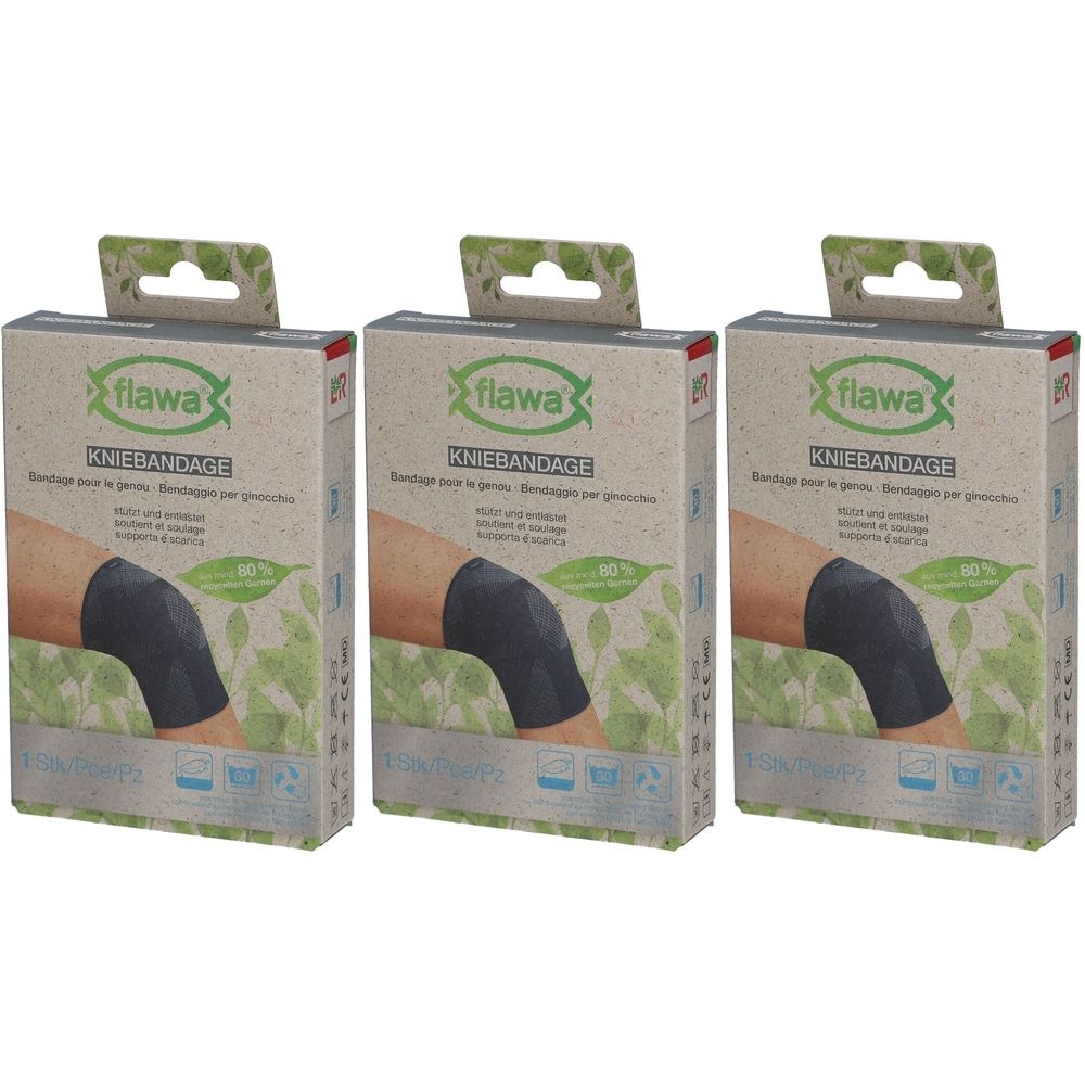 Trois genouillères flawa® en emballage carton. Inscription: Kniebandage, illustration d'un genou avec bandage. Feuilles vertes et logo.