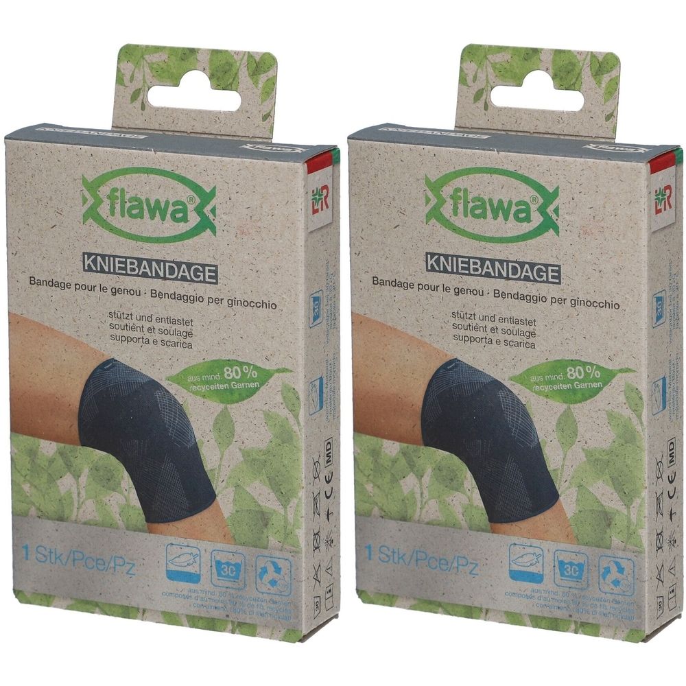 Zwei Kartons mit Kniebandagen. Aufdruck: flawa, Kniebandage, 1 Stück. Abbildung eines Knies mit Bandage. Verpackung aus Recyclingmaterial.