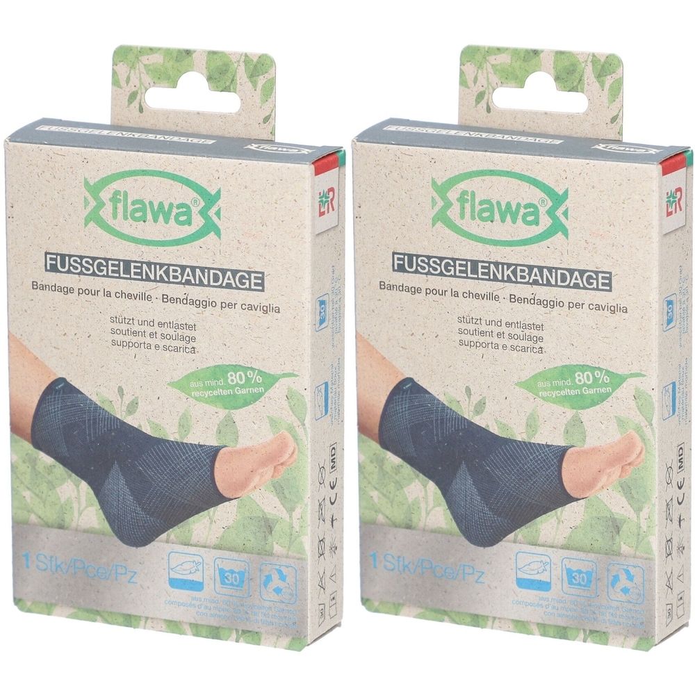 Zwei Packungen flawa® Knöchelbandage Größe S. Verpackung mit Produktabbildung. Text: FUSSGELENKBANDAGE, unterstützt und entlastet.