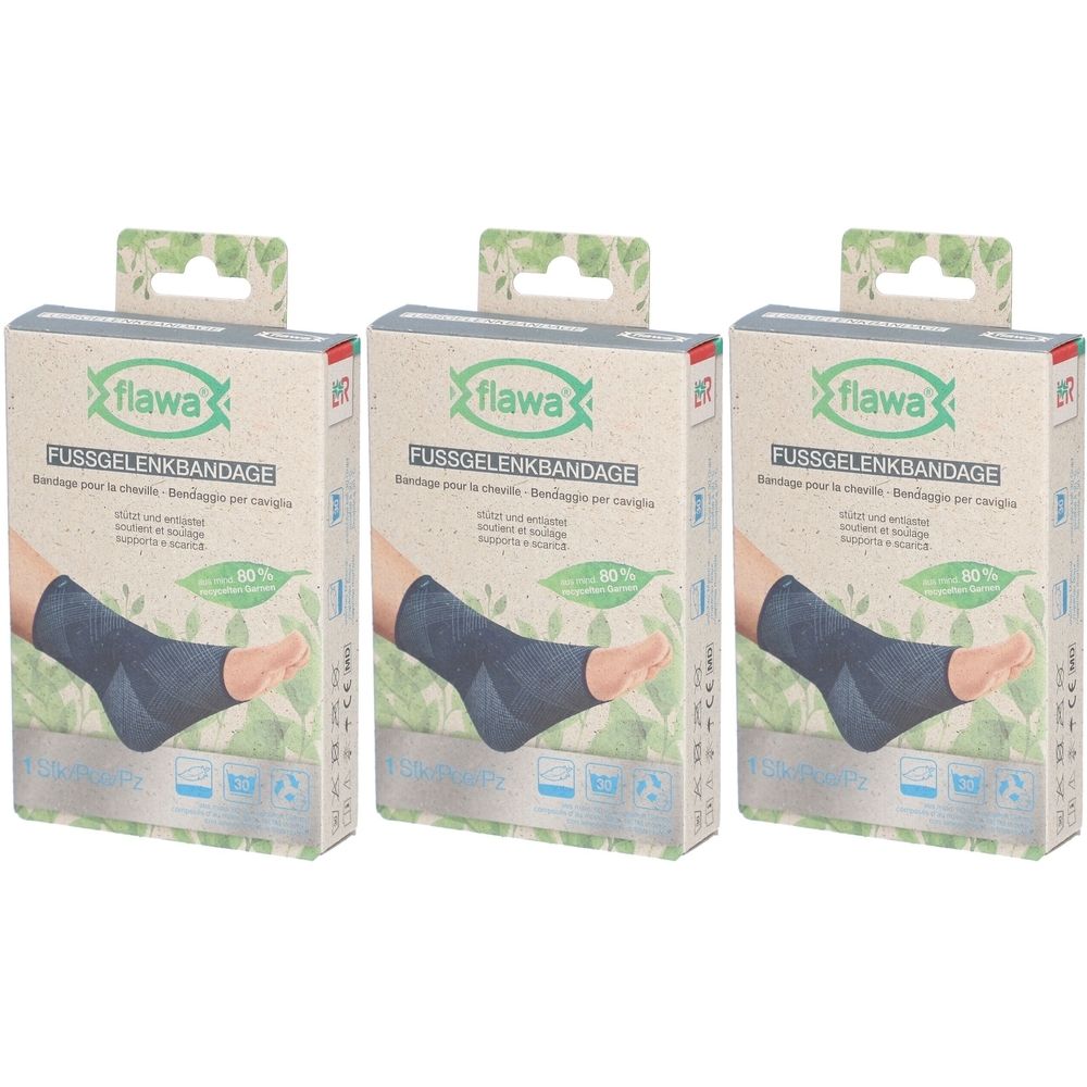 Drei Verpackungen der Knöchelbandage flawa®. Aufdruck: FUSSGELENKBANDAGE, 80% nachhaltig. Abbildung eines Fußes mit Bandage.