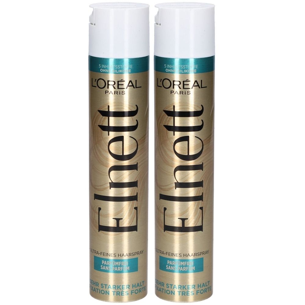 Zwei Haarspray-Flaschen. Goldfarbene zylindrische Dosen mit weißem Deckel. Aufschrift: Elnett, L'Oréal Paris, ohne Parfum.