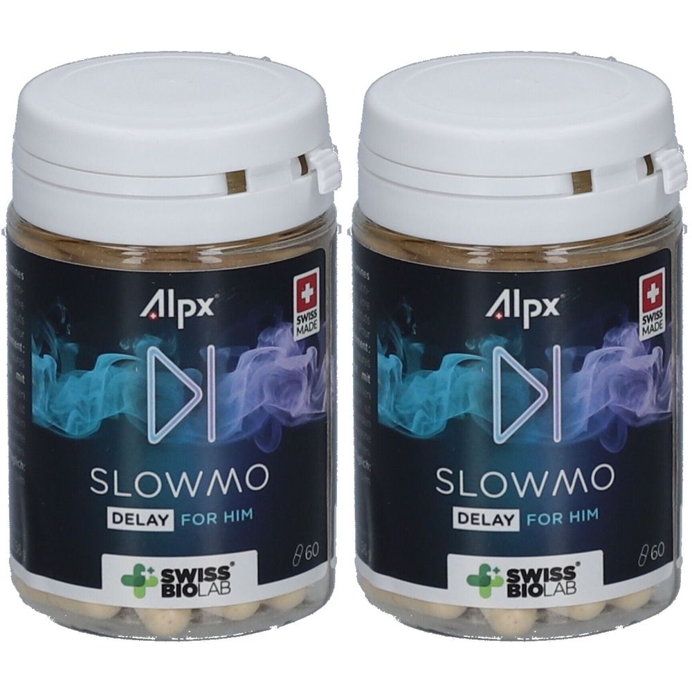 Zwei Dosen mit weißen Deckeln und Etiketten. Aufschrift: Alpx, Slowmo, Delay for Him. Swiss Biolab Logo. 860 Kapseln.