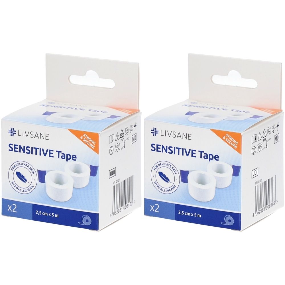 Zwei Packungen LIVSANE Sensitive Tape. Weiße Rollen in Kartons mit Produktinformationen. Aufdruck: Sensitive Tape, 2,5 cm x 5 m, x2.