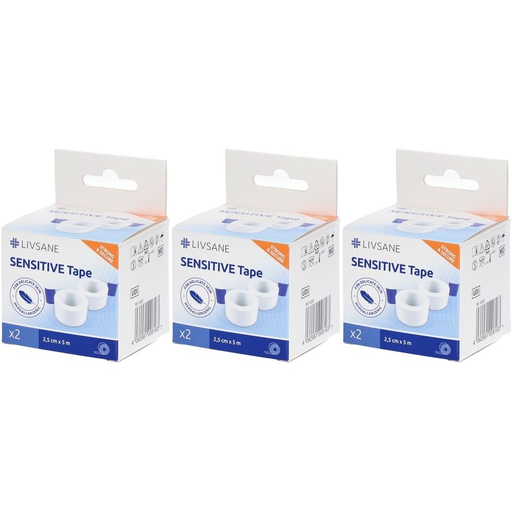 Drei Packungen LIVSANE Sensitive Tape. Jede Packung enthält zwei Rollen Klebeband. Aufdruck: 2,5 cm x 5 m.