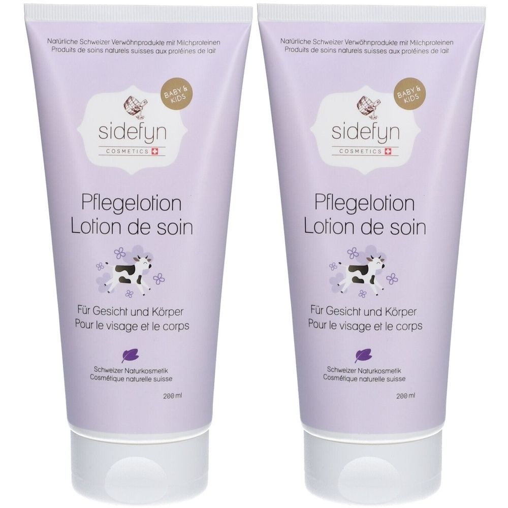 Zwei Tuben Sidefyn Baby & Kids Pflegelotion. Helllila Tuben mit weißem Deckel. Aufdrucke: Logo, Produktname, Text für Gesicht und Körper.