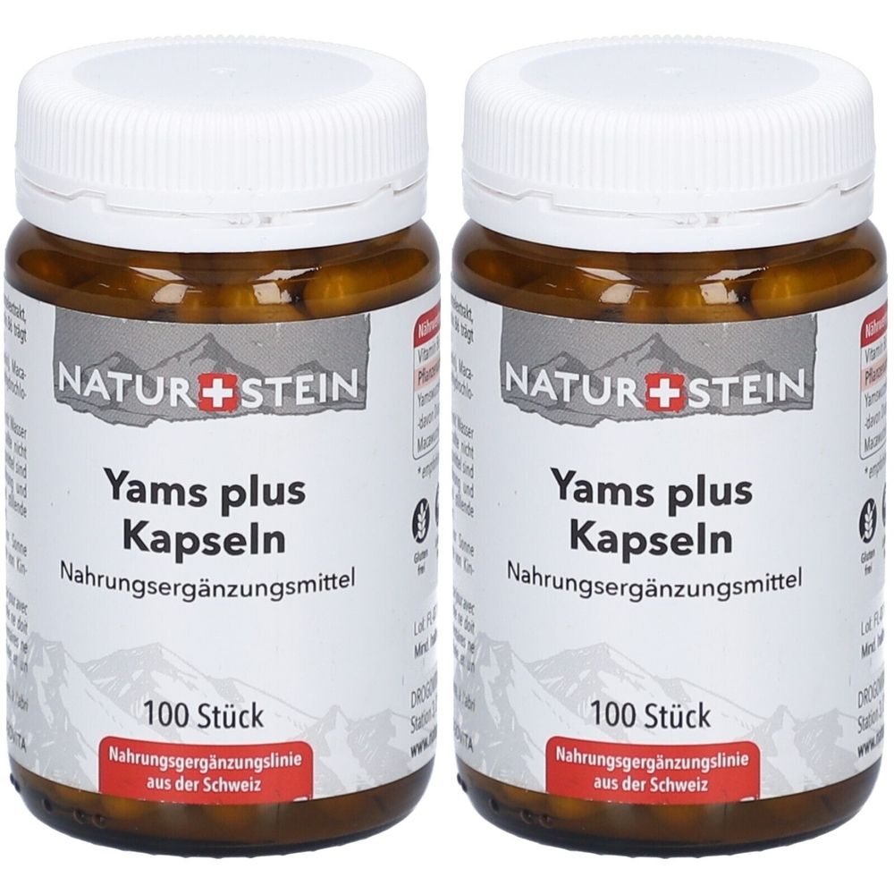 Zwei Flaschen mit Kapseln. Aufschrift: NATUR+STEIN, Yams plus Kapseln, Nahrungsergänzungsmittel, 100 Stück. Hergestellt in der Schweiz.