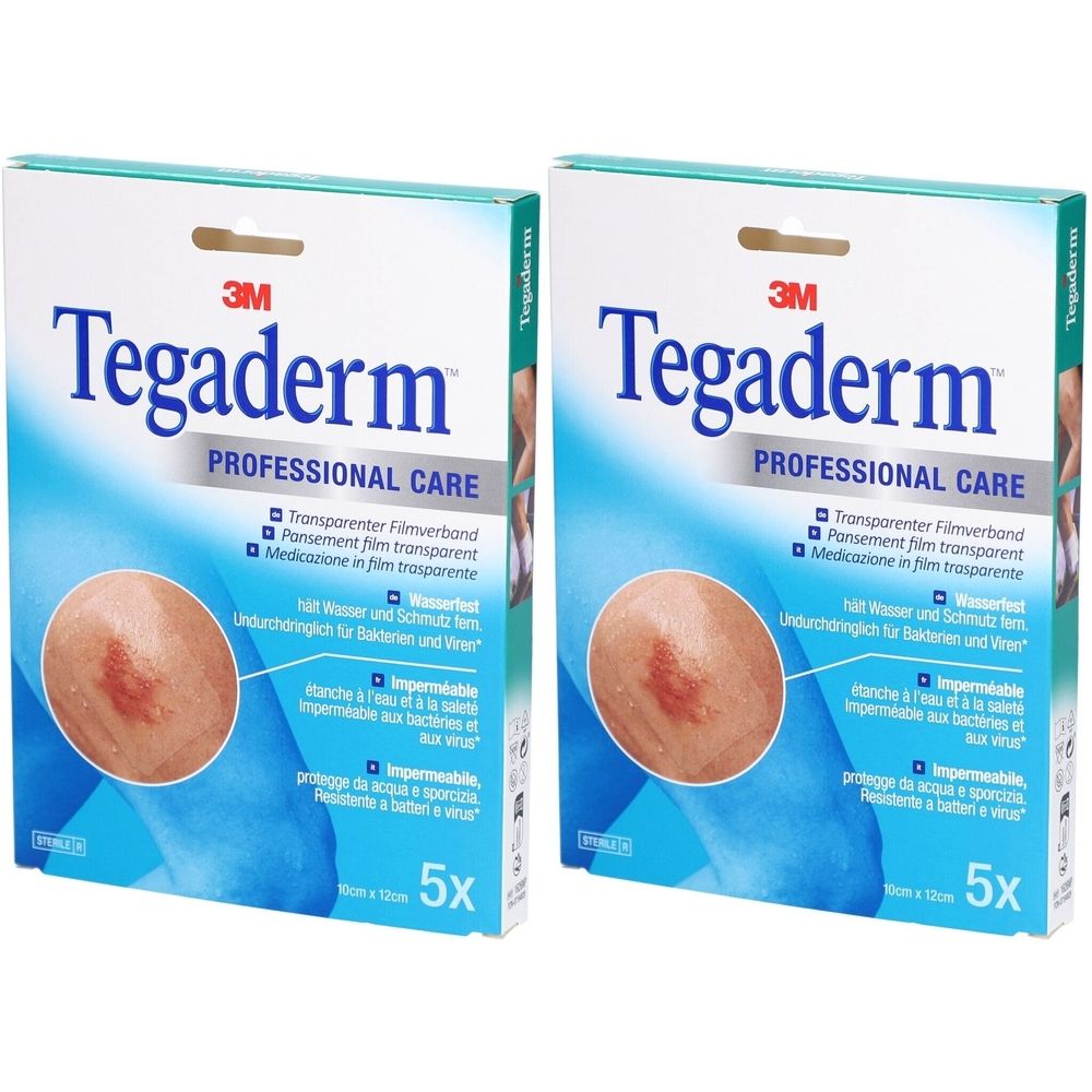 Zwei Packungen 3M Tegaderm. Aufdruck: Transparentes Filmverband, wasserfest, undurchlässig für Bakterien und Viren. 5 Stück.