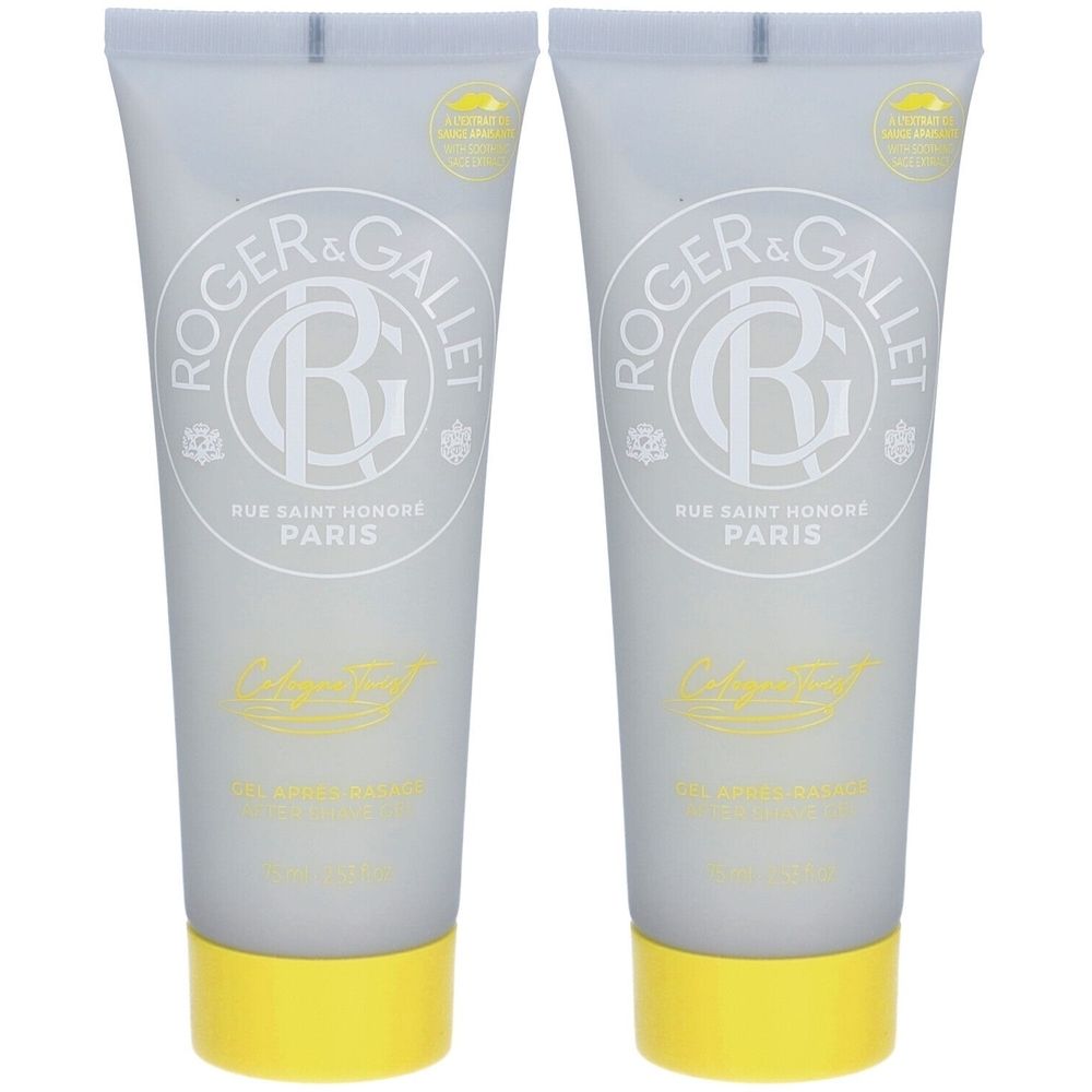 Zwei Tuben After Shave Gel. Graue Tuben mit gelbem Verschluss. Logo und Schriftzug ROGER & GALLET. Text: RUE SAINT HONORE PARIS.