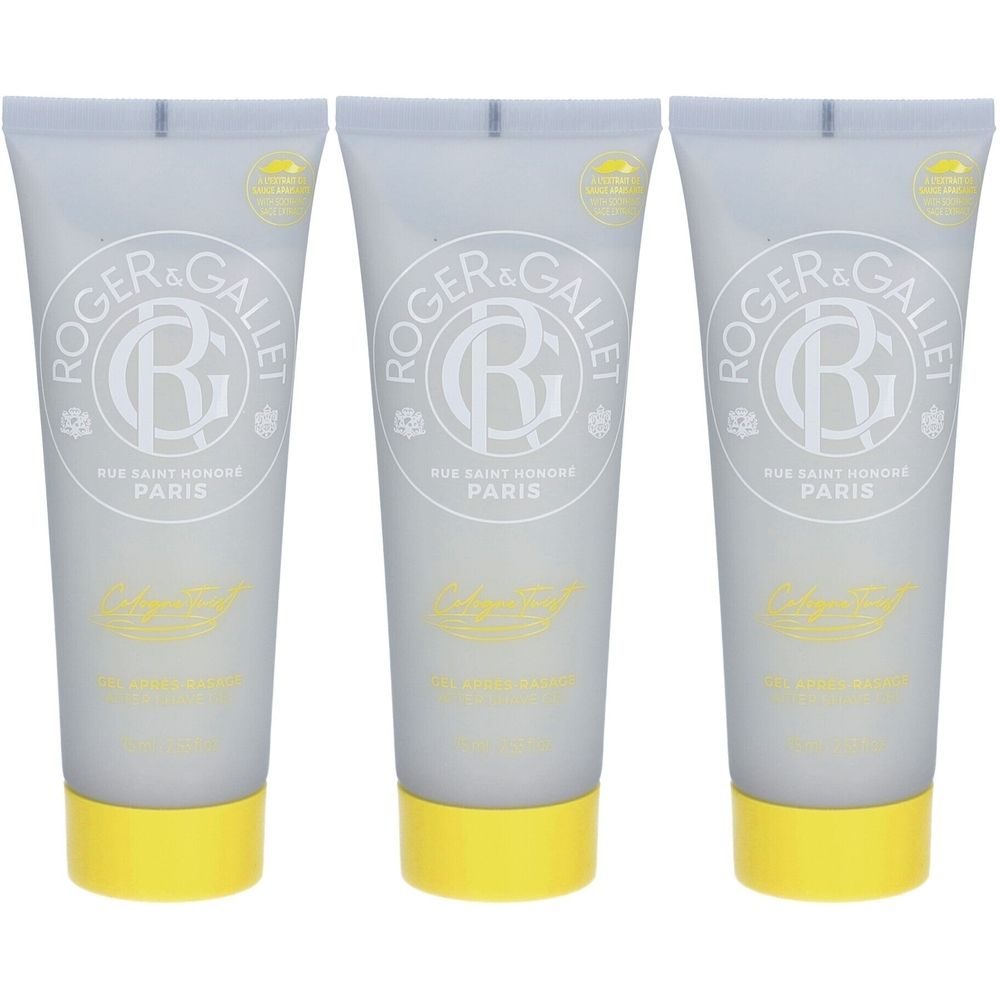 Drei Tuben After Shave Gel. Graue Tuben mit gelbem Verschluss. Logo und Schriftzug ROGER & GALLET PARIS.