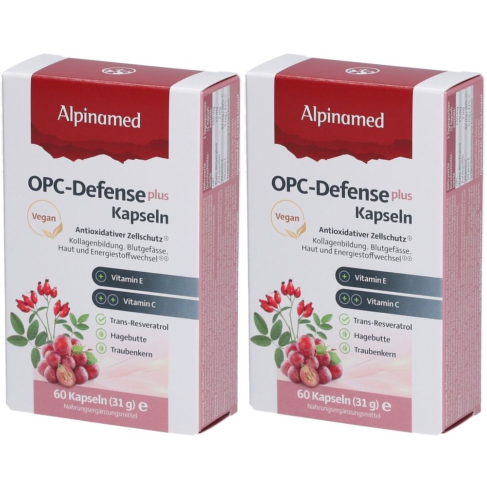 Zwei Kartons Alpinamed OPC-Defense plus Kapseln. Aufdrucke: Vegan, Vitamin E, Vitamin C, Trans-Resveratrol, Hagebutte, Traubenkern, 60 Kapseln.
