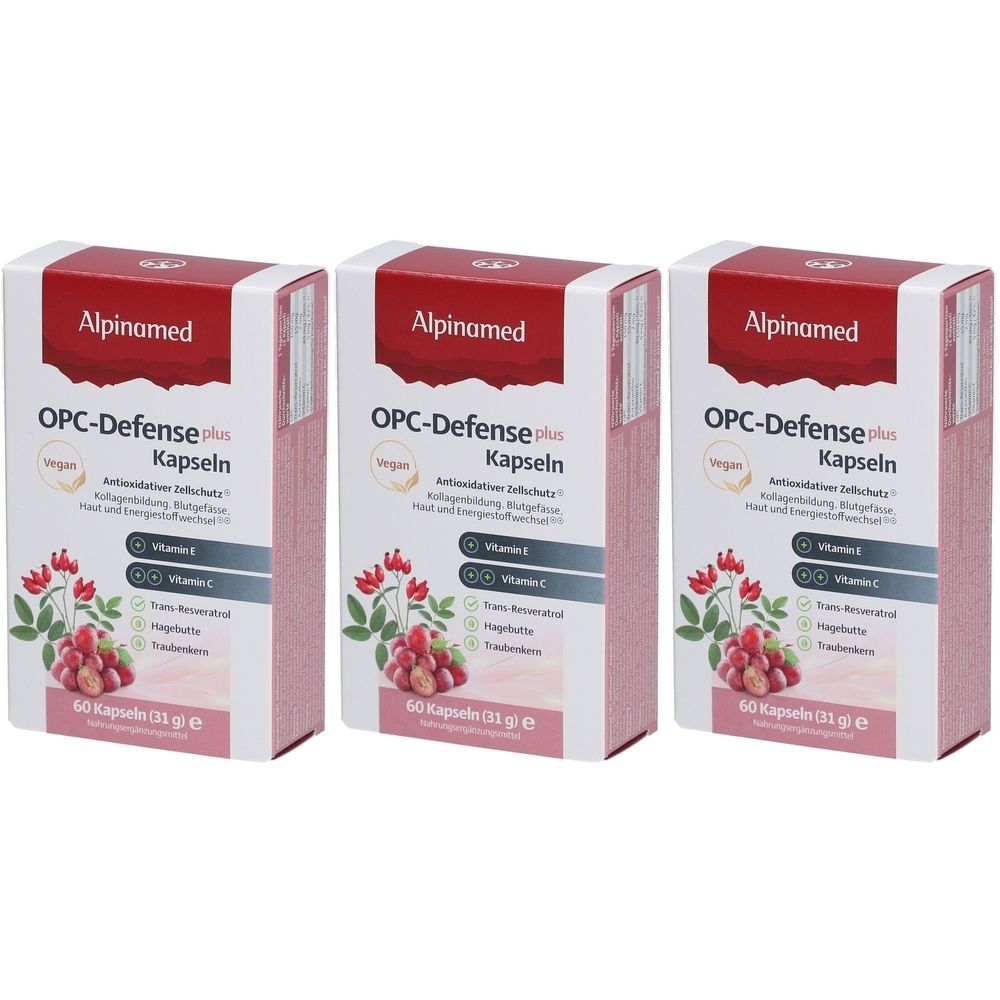 Drei Schachteln mit Alpinamed OPC-Defense plus Kapseln. Auf jeder Schachtel sind Produktname, Logo, Inhaltsstoffe und 60 Kapseln abgebildet.