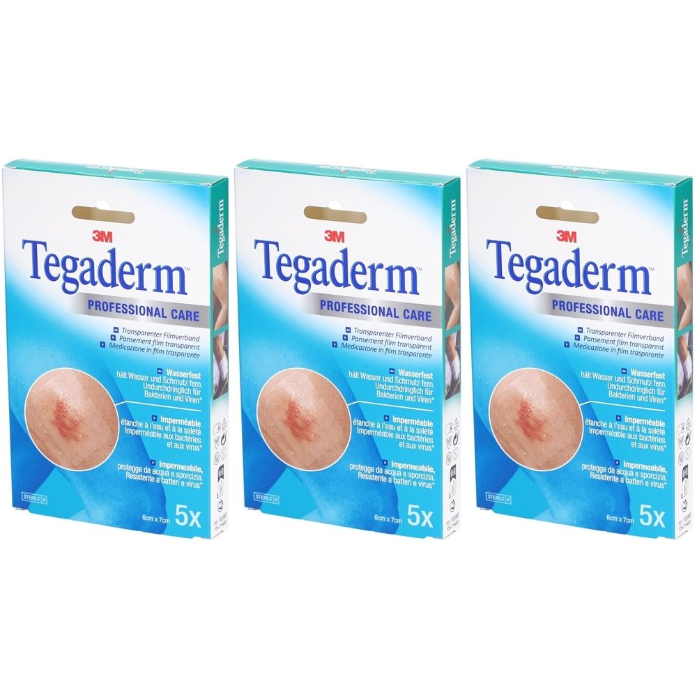 Drei Packungen 3M Tegaderm. Auf jeder Packung ist ein runder Verband abgebildet. Aufschrift: Professional Care, 5x.