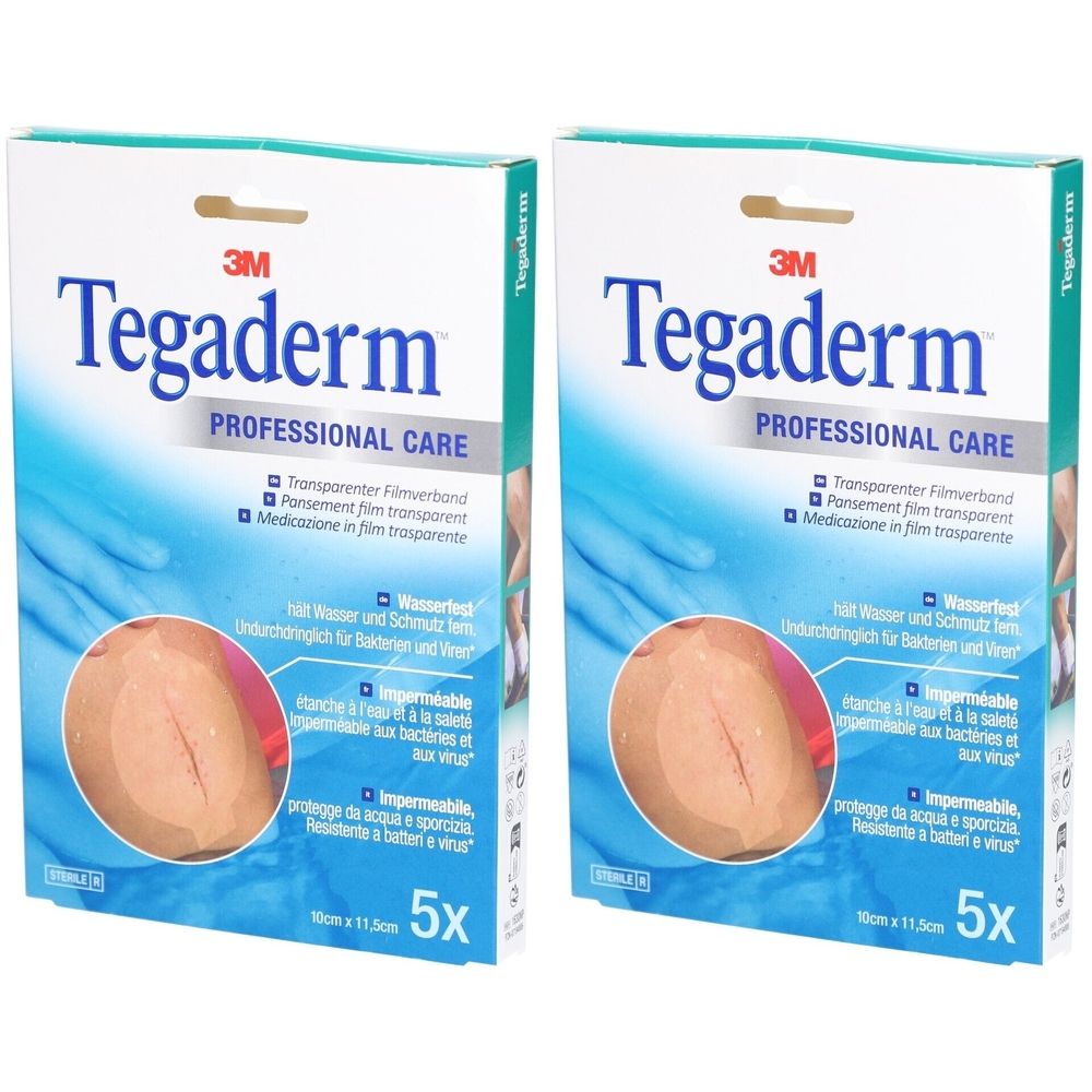 Zwei Packungen 3M Tegaderm Professional Care. Auf jeder Packung ist ein transparentes Pflaster abgebildet. Text: Wasserdicht, 5x, 10cm x 11,5cm.