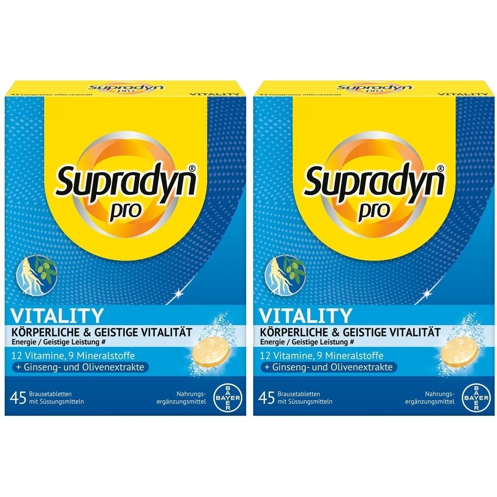 Deux boîtes de Supradyn pro Vitality. Emballage jaune et bleu avec nom du produit et informations. Contient 45 comprimés effervescents.