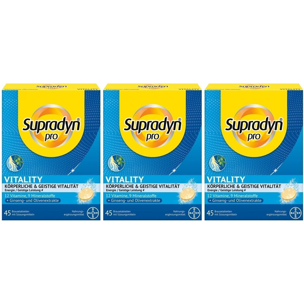 Trois boîtes de Supradyn pro Vitality. Emballage jaune et bleu avec nom du produit et informations. 45 comprimés effervescents.