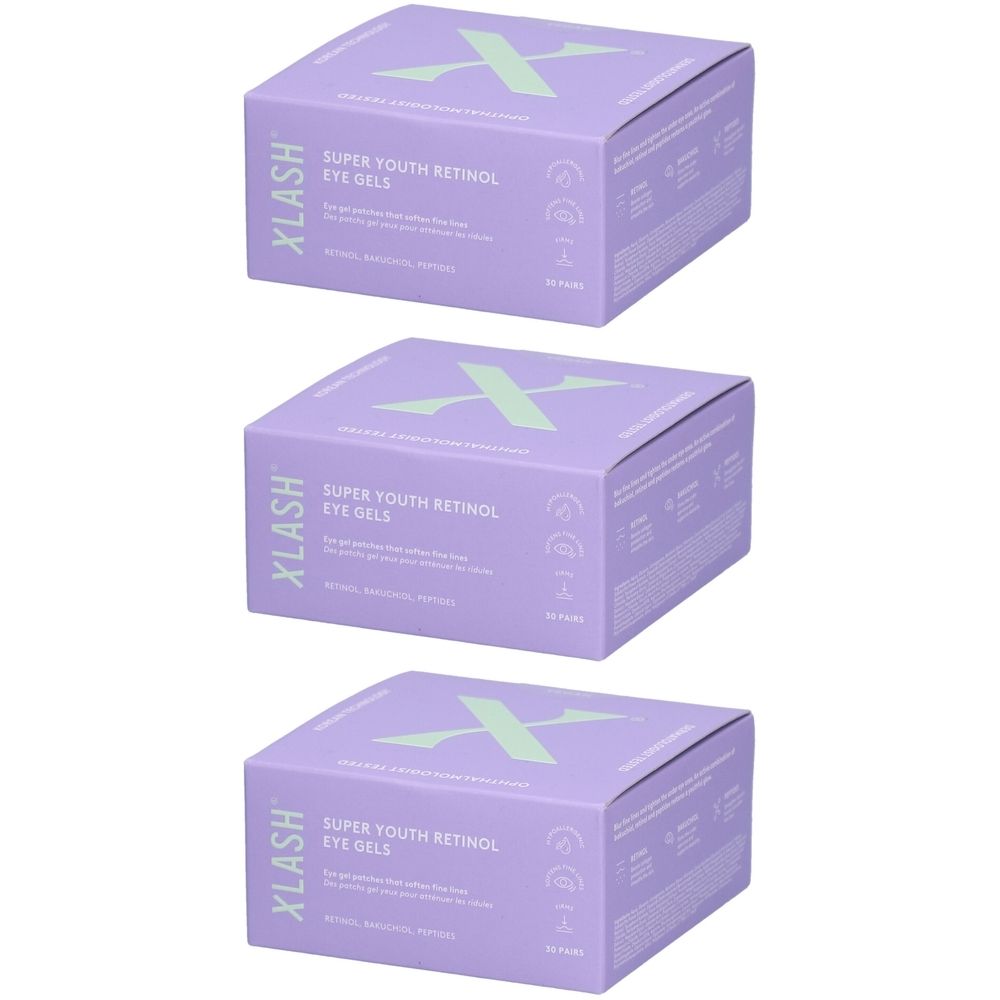 Drei lilafarbene Produktverpackungen. Auf der Verpackung steht "XLASH SUPER YOUTH RETINOL EYE GELS". Das Logo ist ein grünes "X".
