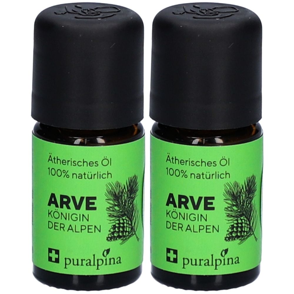Deux petites bouteilles avec bouchon noir et étiquette verte. Inscription: Huile essentielle, Arve, Reine des Alpes. Marque: puralpina.