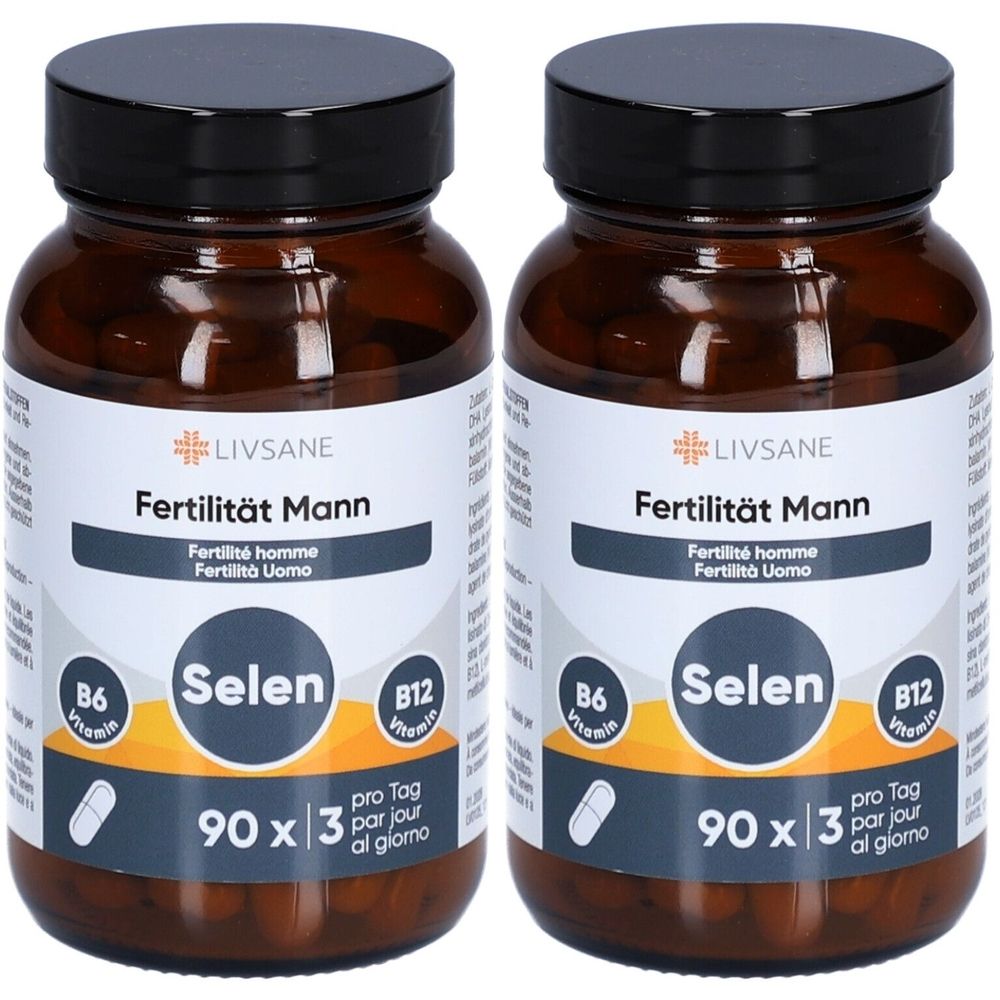 Zwei braune Glasflaschen mit schwarzen Deckeln. Auf den Etiketten steht "LIVSANE Fertilität Mann" und "Selen". Enthält 90 Kapseln.