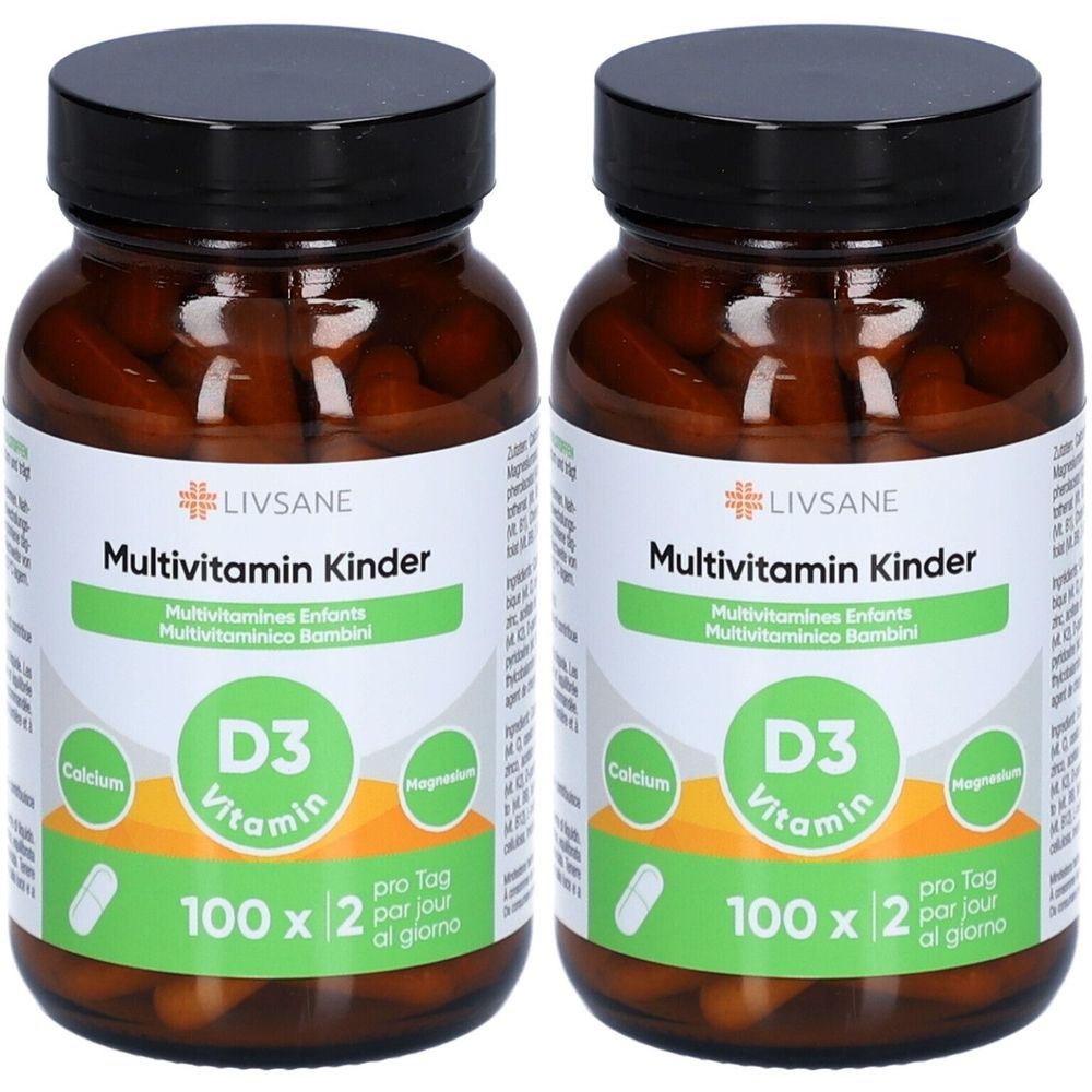 Zwei braune Glasflaschen mit schwarzen Deckeln. Auf den Etiketten steht "LIVSANE Multivitamin Kinder" mit Vitamin D3, Calcium und Magnesium. 100 Tabletten.