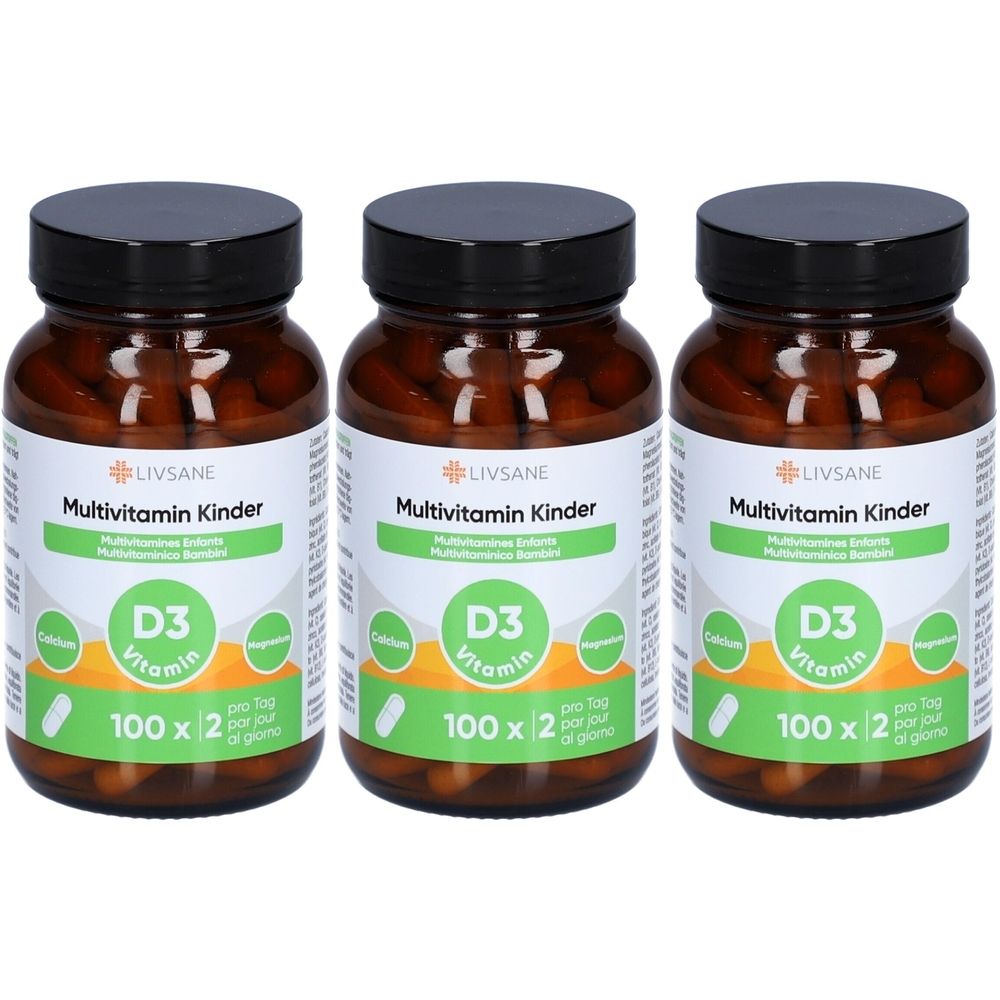 Drei braune Flaschen mit schwarzen Deckeln. Auf den Etiketten steht "LIVSANE Multivitamin Kinder D3 Vitamin". Jede Flasche enthält 100 Tabletten.