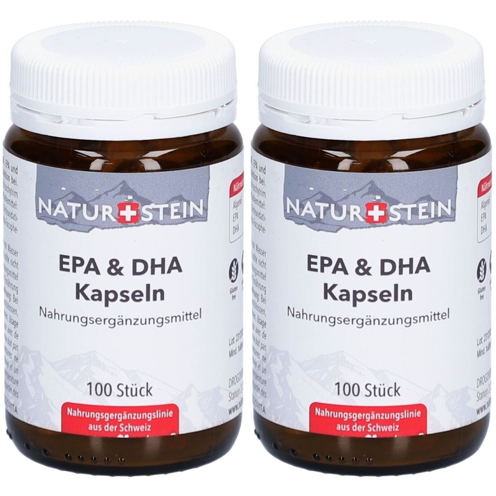 Zwei Flaschen NATURSTEIN EPA & DHA Kapseln. Braune Glasflaschen mit weißem Deckel. Aufschrift: EPA & DHA Kapseln, 100 Stück.
