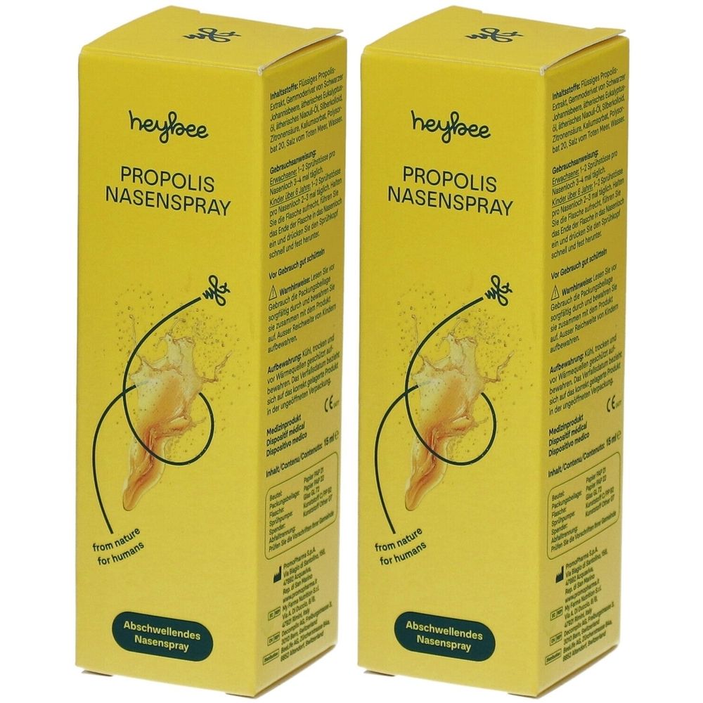 Deux boîtes jaunes avec impression du produit. Inscription : heybee PROPOLIS NASENSPRAY. Graphique : nid d'abeilles. Texte : Décongestionnant nasal.