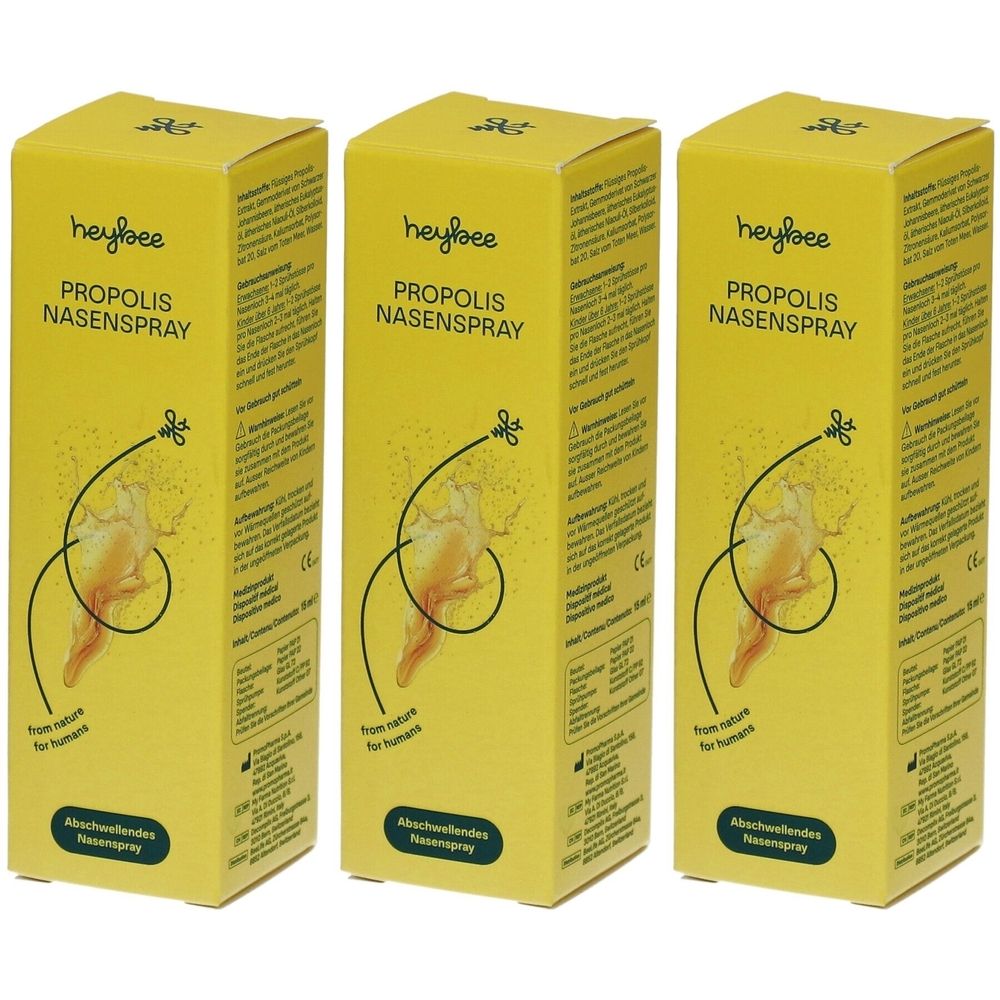 Trois boîtes jaunes avec "HEYBEE Propolis Nasenspray". Inscriptions : "from nature for humans" et "Abschwellendes Nasenspray".