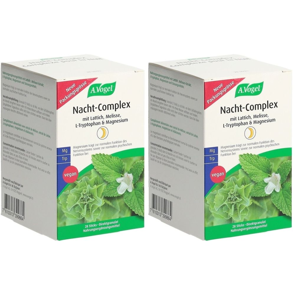 Deux boîtes avec l'inscription "Nacht-Complex avec Laitue, Mélisse, L-Tryptophane & Magnésium". Mention "vegan".