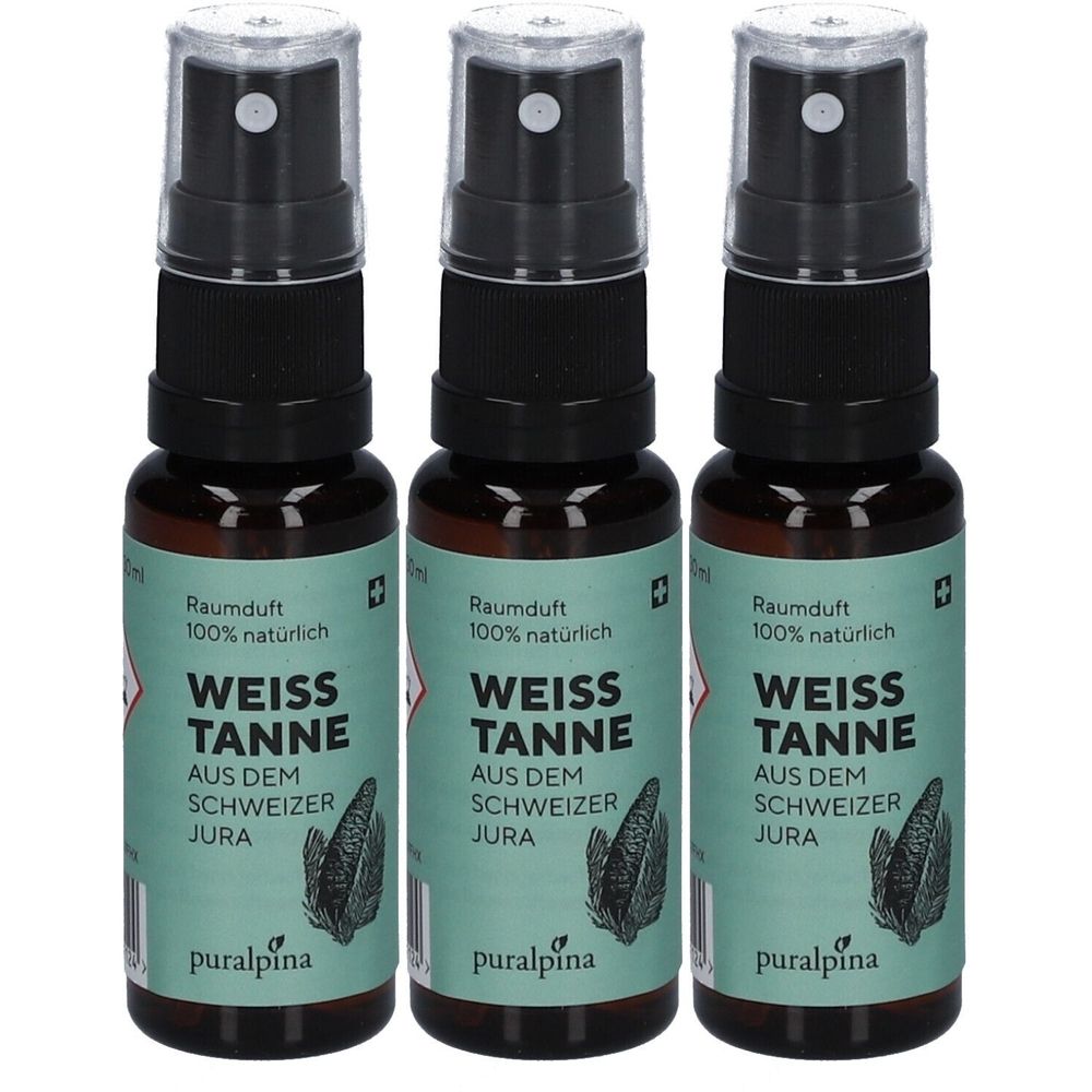 Trois flacons vaporisateurs avec tête noire et liquide brun. Inscription: WEISS TANNE, AUS DEM SCHWEIZER JURA. Marque: puralpina.