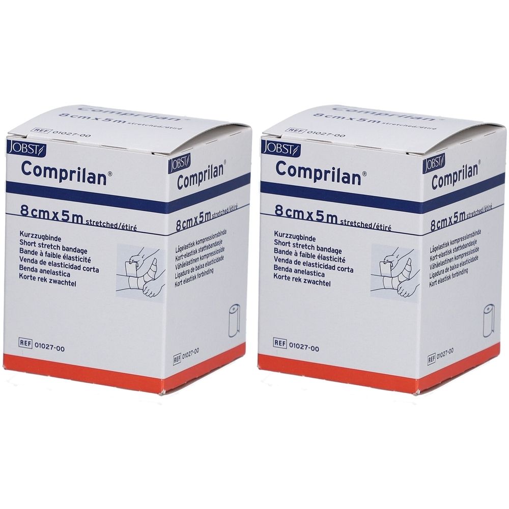 Zwei Kartons mit der Aufschrift "Comprilan 8cmx5m". Aufdrucke in mehreren Sprachen. Weiße Verpackung mit blauer Schrift.