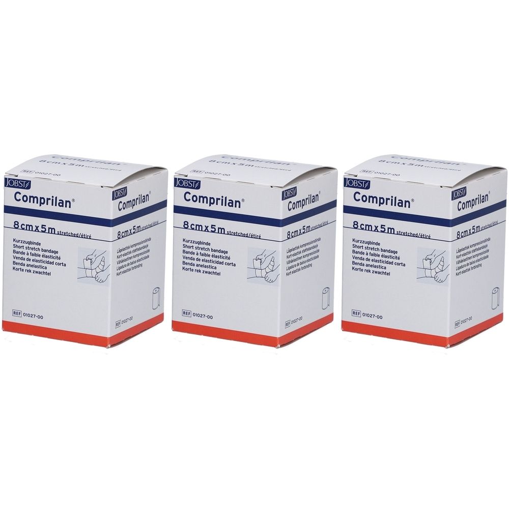 Trois boîtes blanches "Comprilan 8 cm x 5 m". Inscriptions multilingues. Emballage du produit.