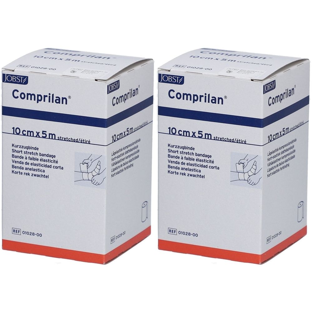 Zwei Kartons Comprilan® elastische Binde. Aufdruck: 10 cm x 5 m. Hersteller: JOBST. Weiß, blau und rot. Illustration einer Bandagierung.