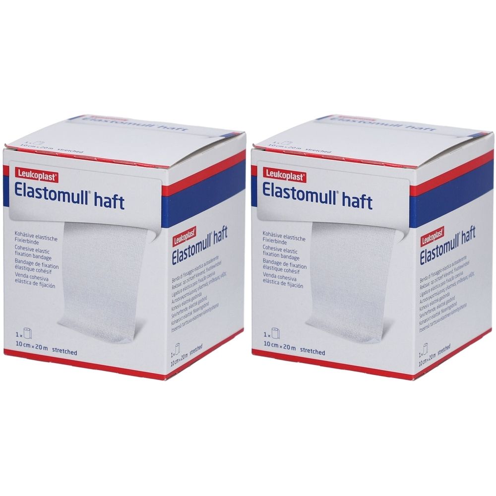 Deux boîtes d'Elastomull haft. Pansement blanc partiellement visible. Inscription: Elastomull haft, 10 cm x 20 m. Marque: Leukoplast.