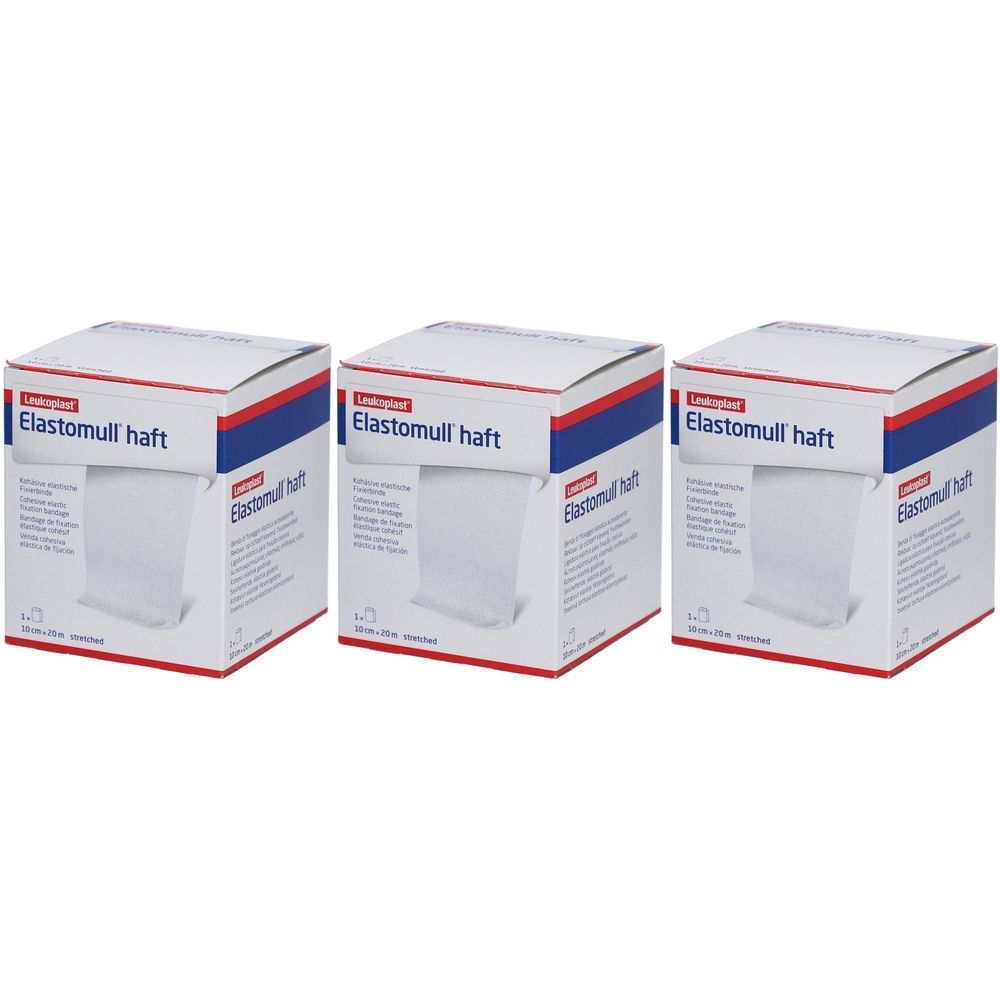 Trois boîtes d'Elastomull haft. Rouleaux blancs dans des boîtes blanches avec texte rouge et bleu. Nom du produit clairement visible.