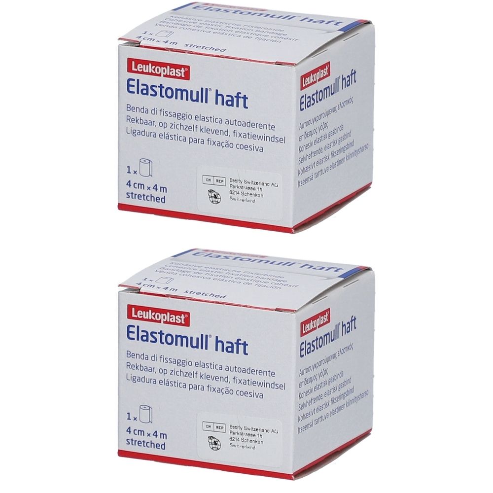 Deux boîtes d'Elastomull haft. Inscription : 4 cm x 4 m, étiré. Marque Leukoplast. Description multilingue du produit.