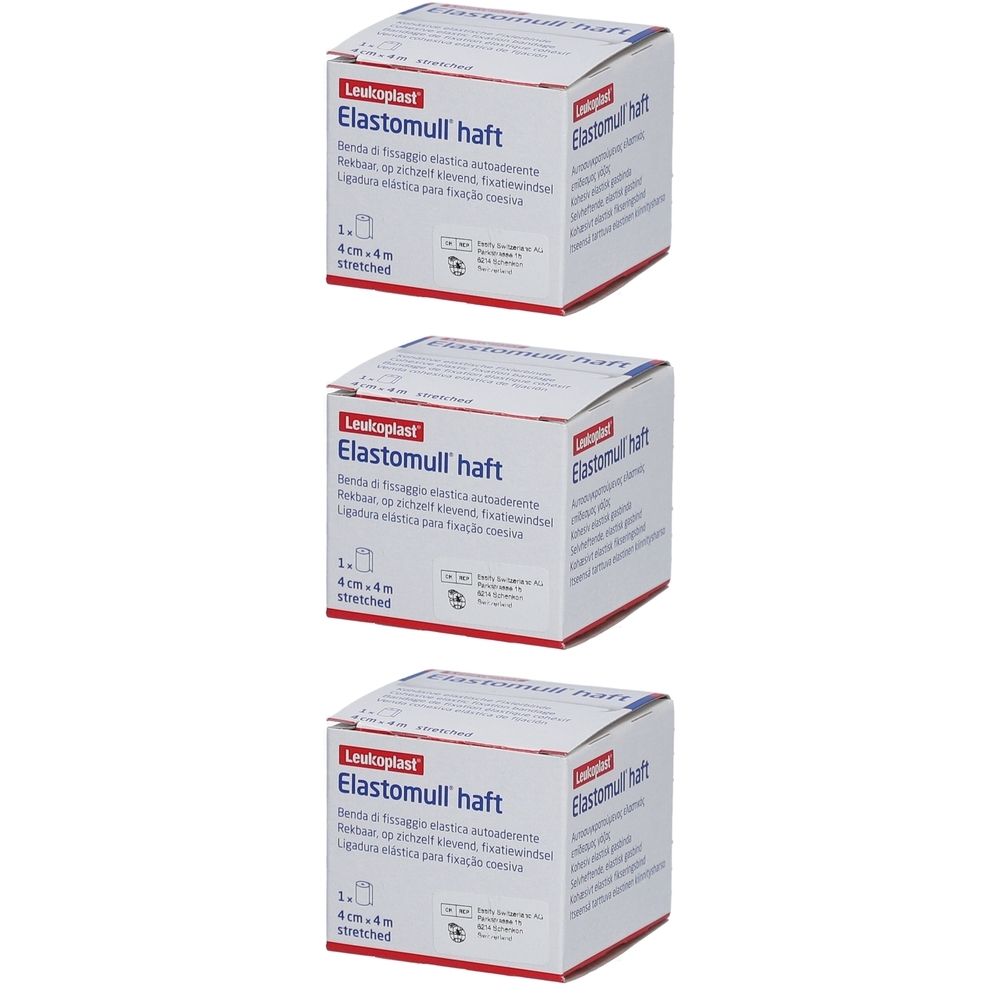 Trois boîtes blanches avec l'inscription "Elastomull haft". Dimensions : 4 cm x 4 m. Marque : Leukoplast. Emballage rouge et blanc.