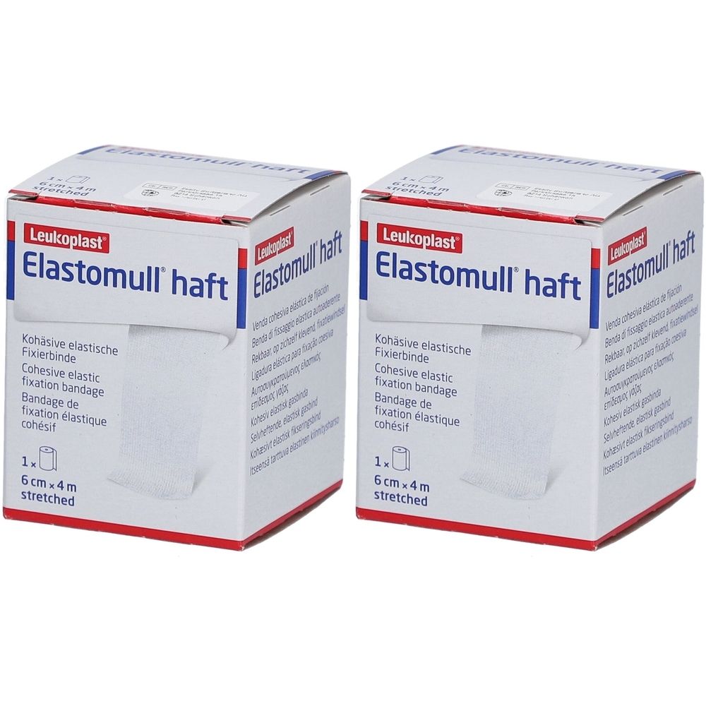 Zwei Kartons Elastomull haft. Aufdruck: Kohäsive elastische Fixierbinde, 6 cm x 4 m. Marke: Leukoplast.