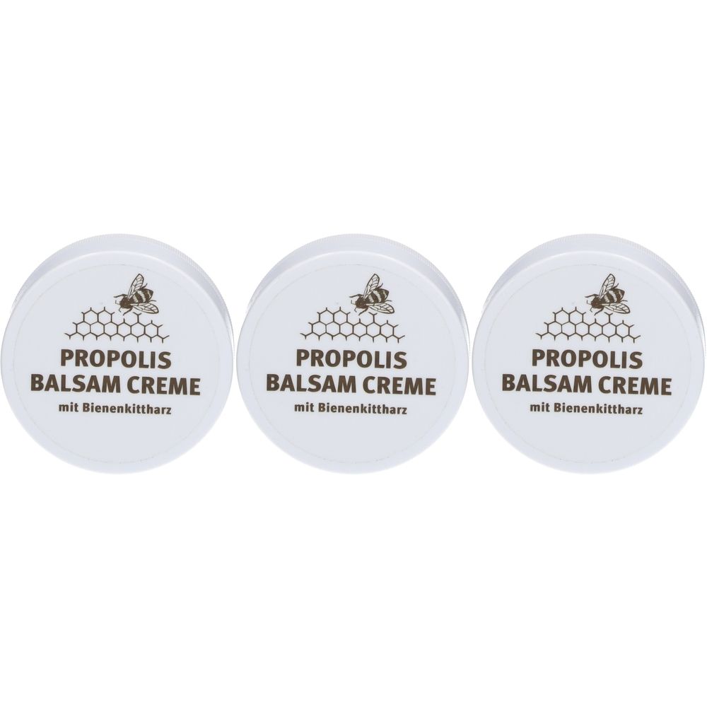 Trois pots ronds avec couvercles blancs. Sur chaque couvercle: PROPOLIS BALSAM CREME mit Bienenkittharz. Logo: abeille sur nid d'abeilles.