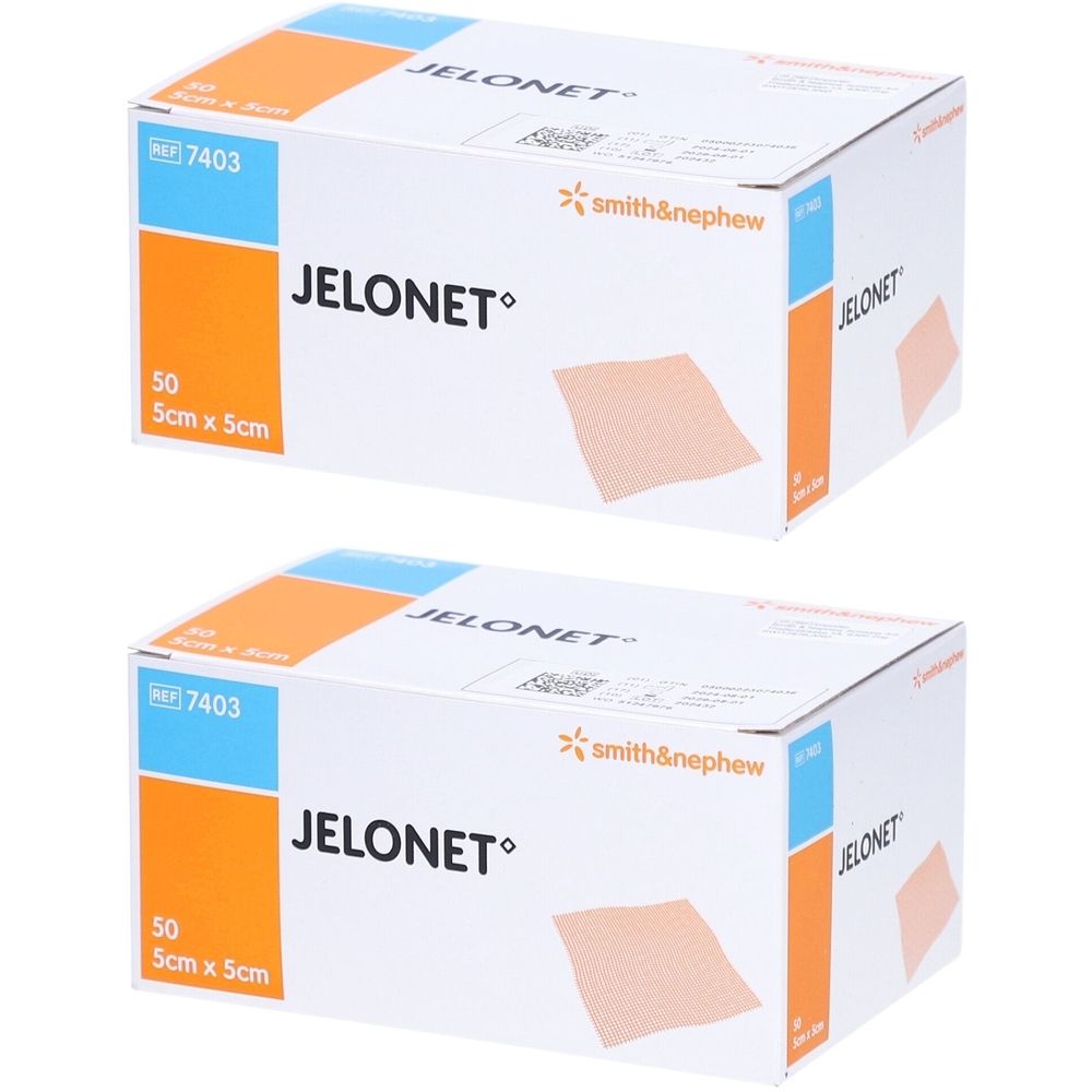 Zwei Kartons Jelonet. Aufdruck: 50 Stück, 5 cm x 5 cm. Marke Smith & Nephew. Produktname Jelonet.