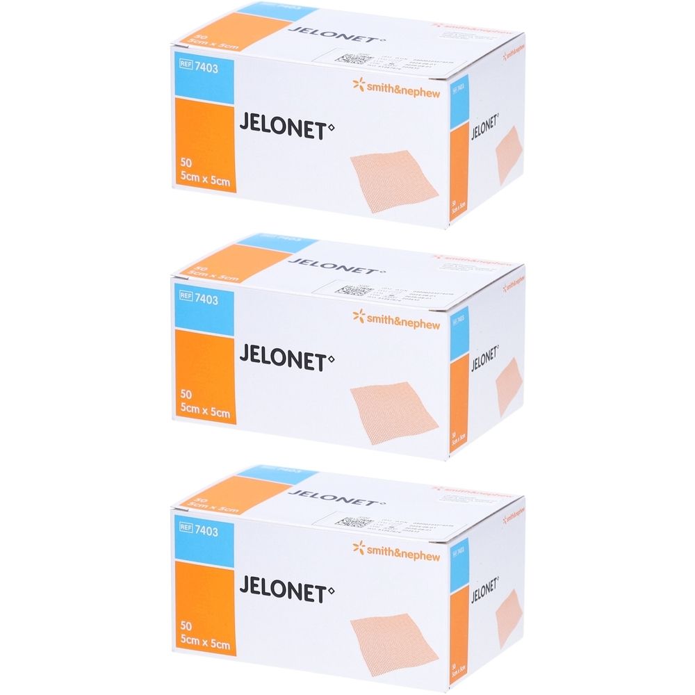 Drei Kartons Jelonet. Aufschrift Jelonet, Smith & Nephew, 50 Stück, 5 cm x 5 cm. Beige quadratische Pflaster auf den Kartons abgebildet.