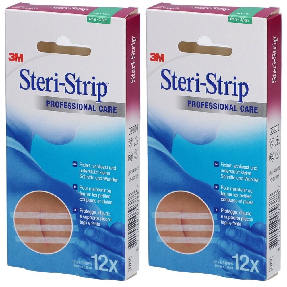 Deux boîtes de 3M Steri-Strip. Chaque boîte contient 12 bandes. Inscription: PROFESSIONAL CARE. Taille: 6 x 38 mm.