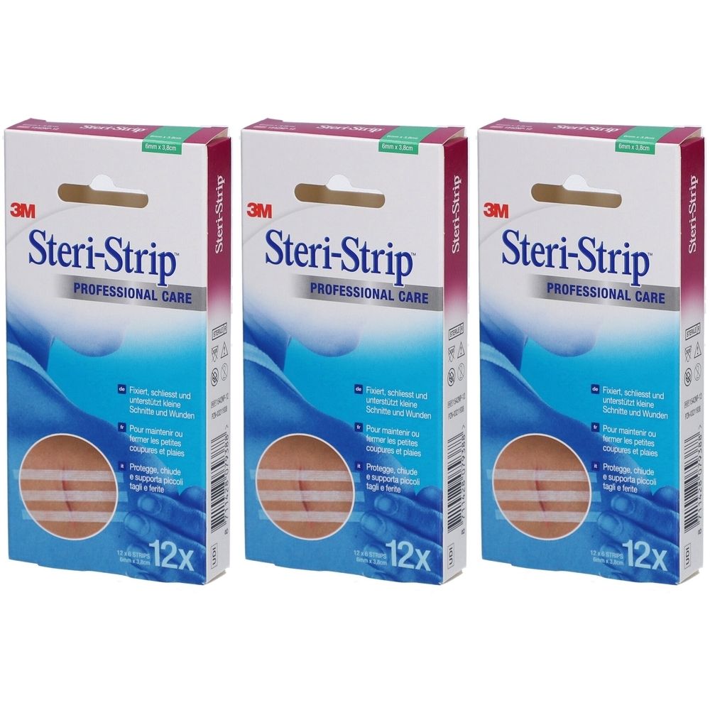 Trois boîtes de 3M Steri-Strip. Chaque boîte porte l'inscription « Steri-Strip PROFESSIONAL CARE » et « 12x ». Bandes de suture cutanée.